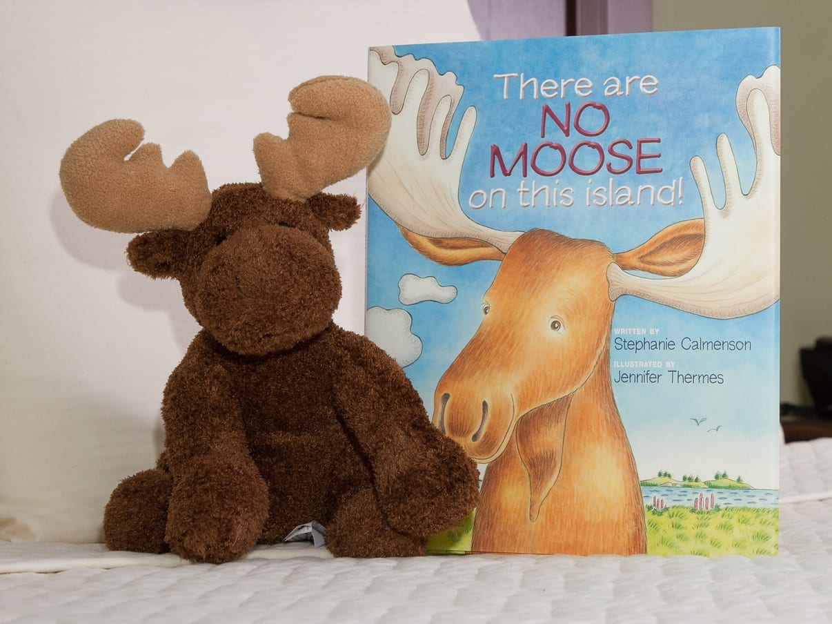Photo of the stuffed moose and book included in the Kid's Package at the Acadia Inn, Bar Harbor, Maine