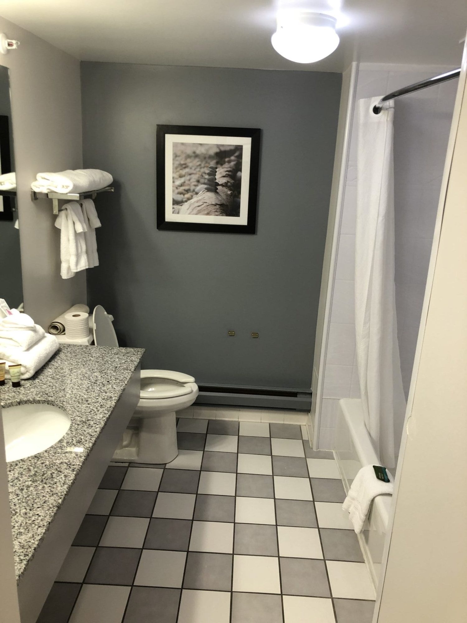 Photo of the bathroom of the Accessible King Suite at the Acadia Inn.