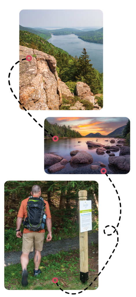 Three images depicting a hiking journey.
