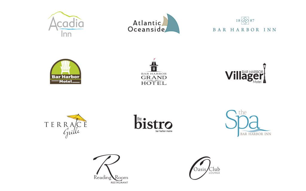 Logo grid: Acadia Inn, Atlantic Oceanside Hotel, Bar Harbor Inn, Bar Harbor Motel, Bar Harbor Grand, Villager Motel, Terrace Grille, The Bistro, The Spa, The Reading Room, The Oasis